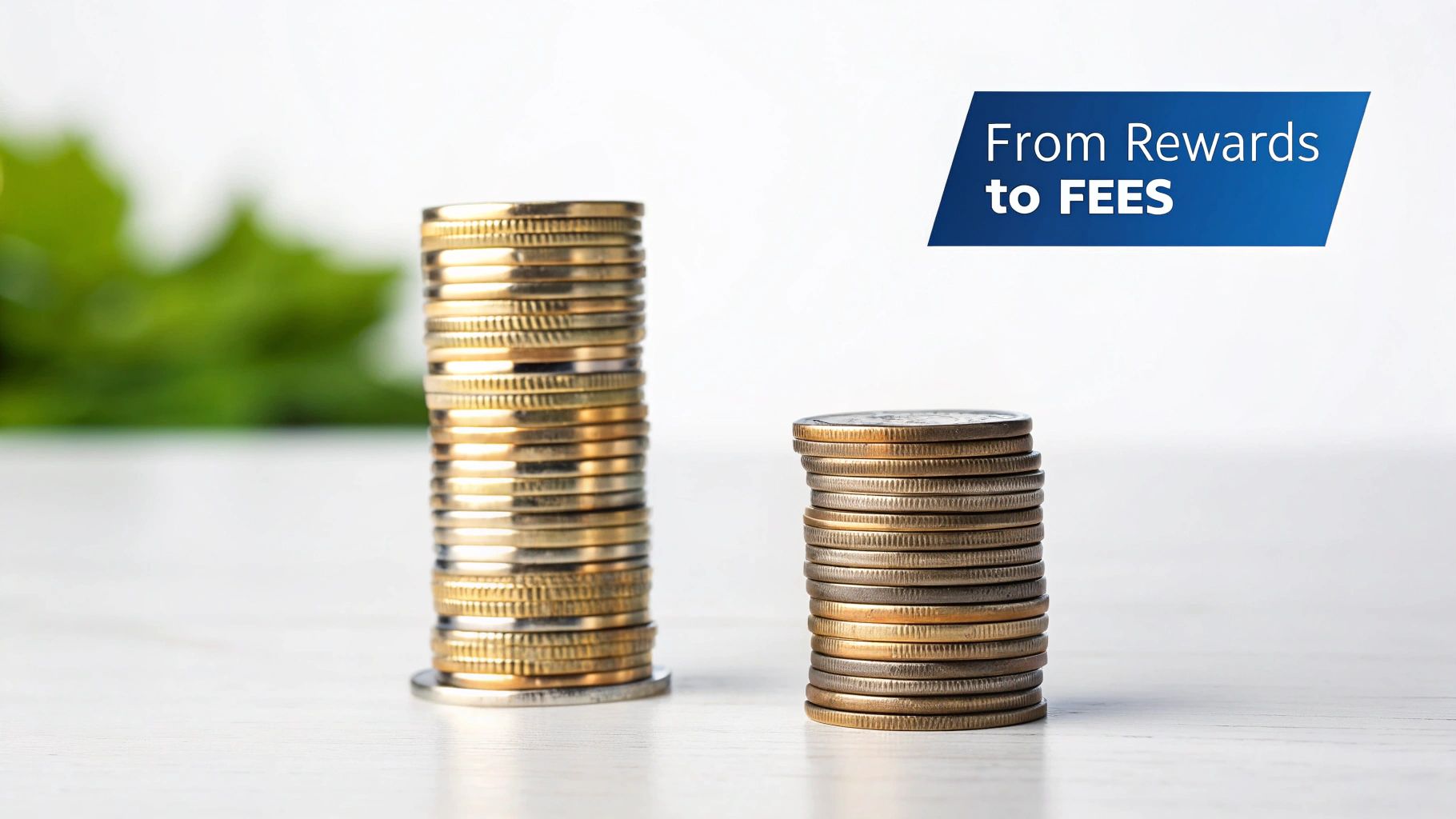 Two stacks of coins on a white surface, one larger than the other, with a blue banner reading 'From Rewards to FEES'.