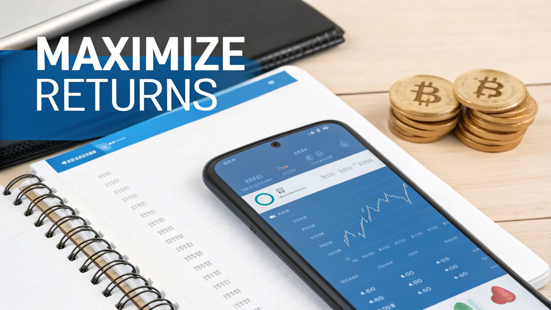 A smartphone displaying a financial graph and Bitcoin coins next to a notebook with 'MAXIMIZE RETURNS' text.