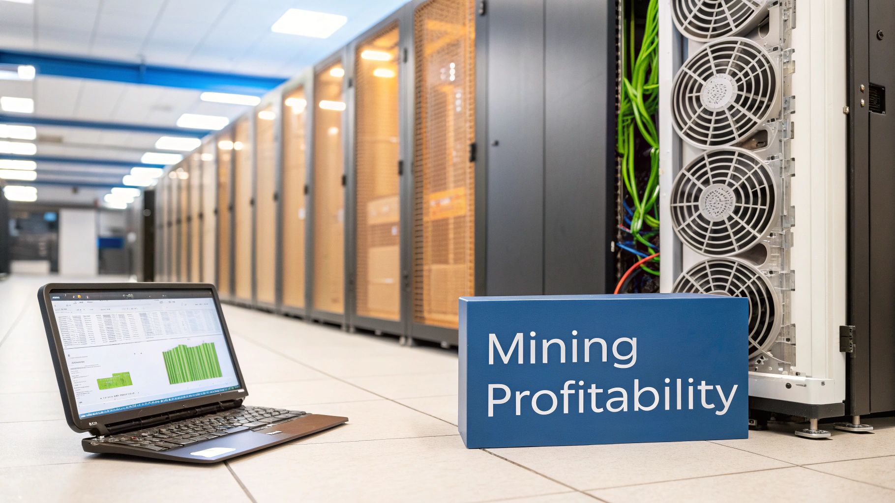 A laptop displaying data charts and a 'Mining Profitability' sign in a large server room.