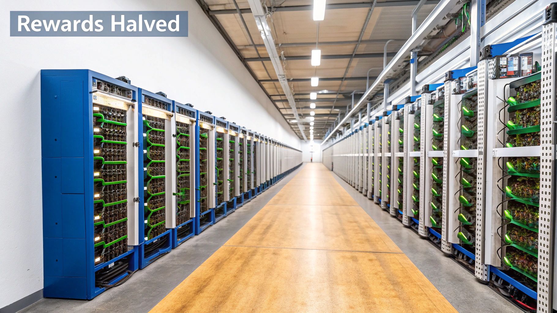 Rows of cryptocurrency mining rigs with green lights in a large, industrial data center.