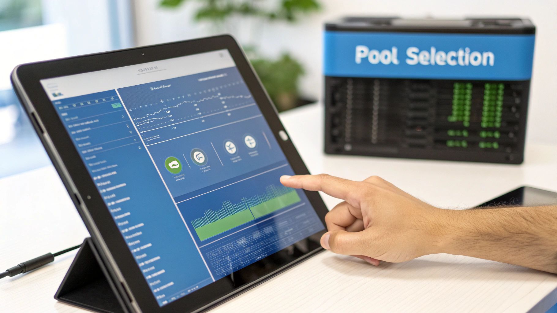 Hand touching a tablet displaying a data dashboard, with a crypto 'Pool Selection' device.