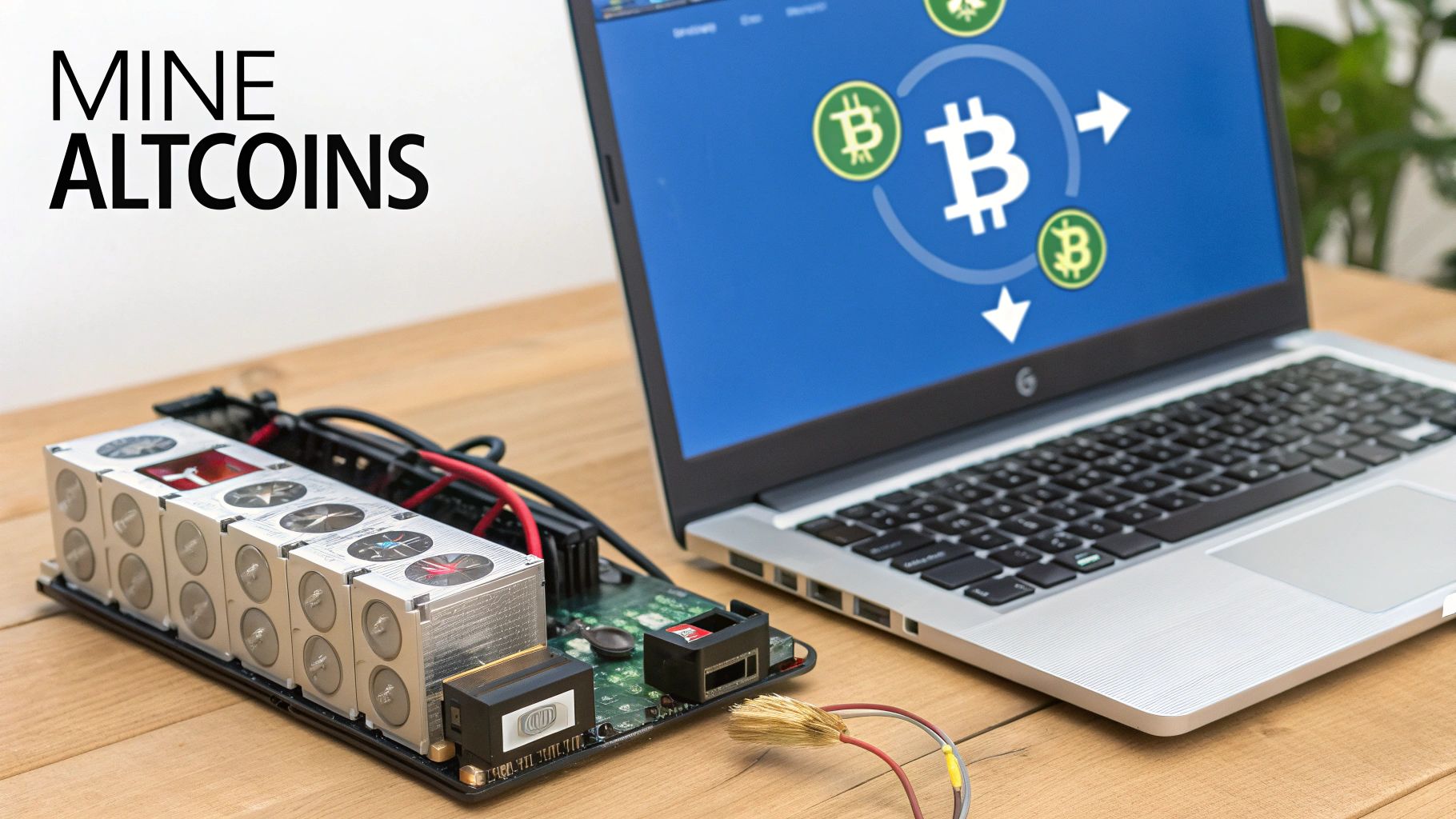 A cryptocurrency mining rig next to a laptop displaying Bitcoin logos, with 'MINE ALTCOINS' text.