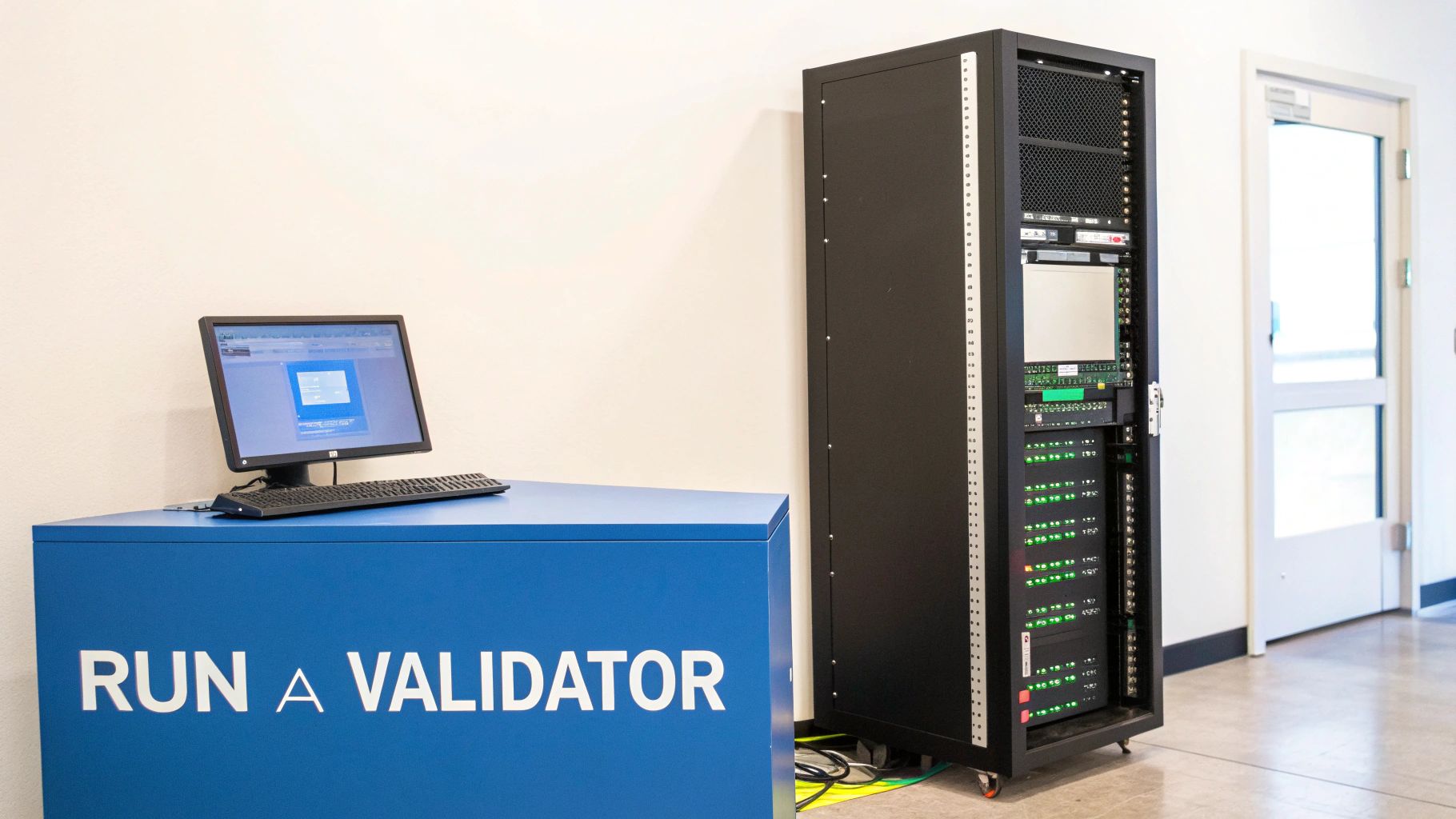 A computer monitor and keyboard on a blue stand reading 'RUN A VALIDATOR' next to a server rack.