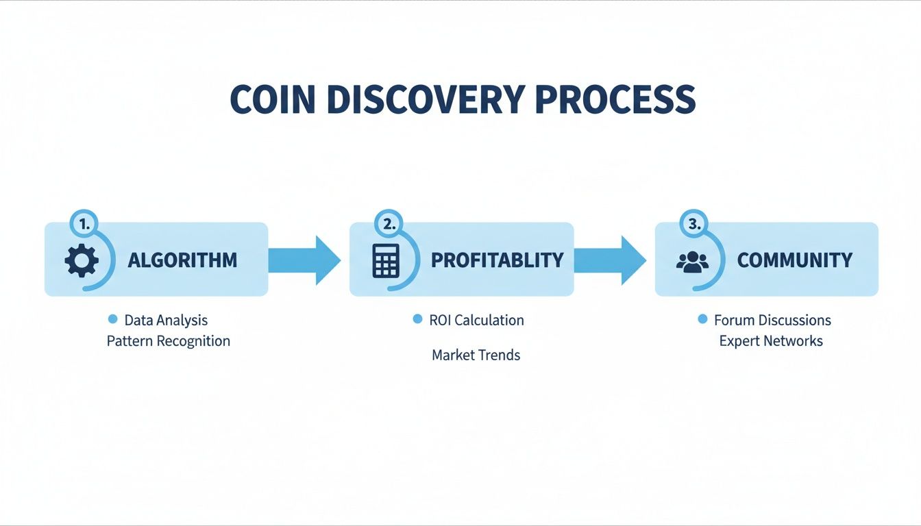 A flowchart illustrates the three-step coin discovery process: Algorithm, Profitability, and Community, with details.
