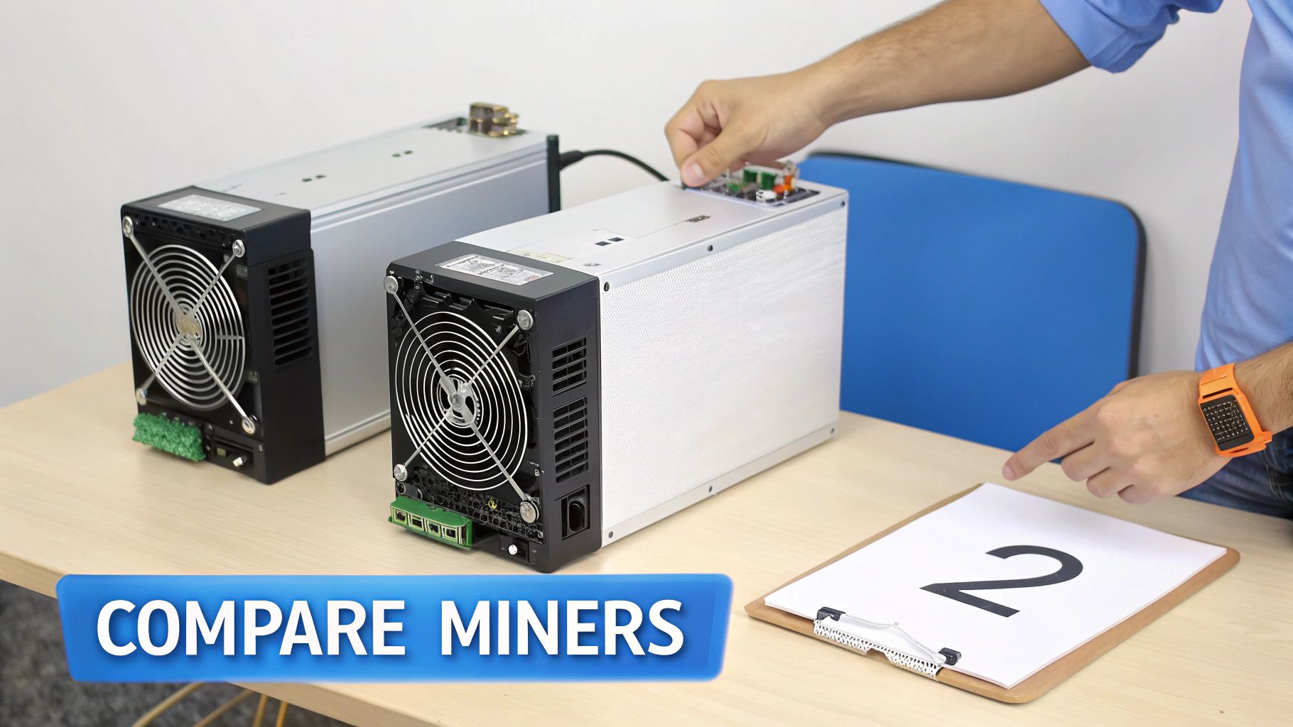 A person compares two ASIC mining rigs on a wooden table, with a number 2 on a clipboard.