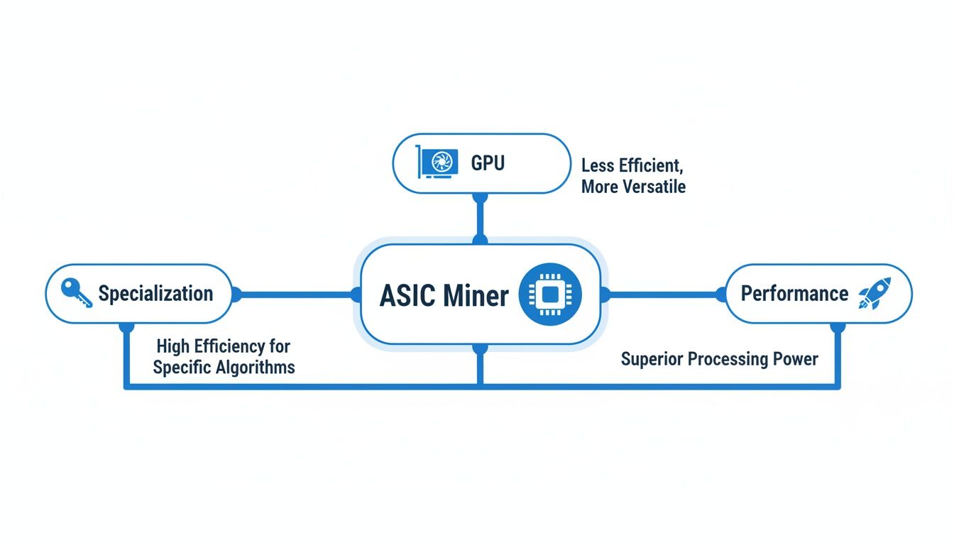 Diagram comparing ASIC miners with GPUs, highlighting ASIC's specialization, efficiency, and superior processing power.