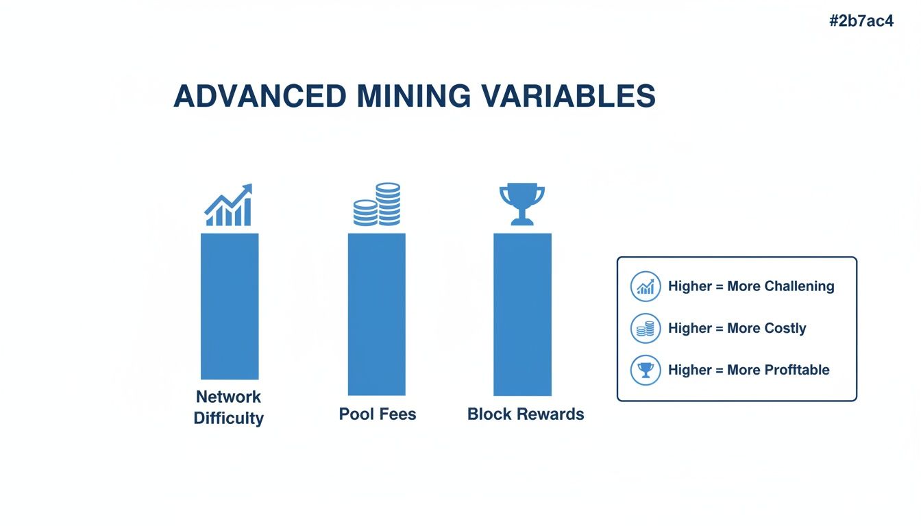 Infographic illustrating advanced crypto mining variables: network difficulty, pool fees, and block rewards, and their impact.