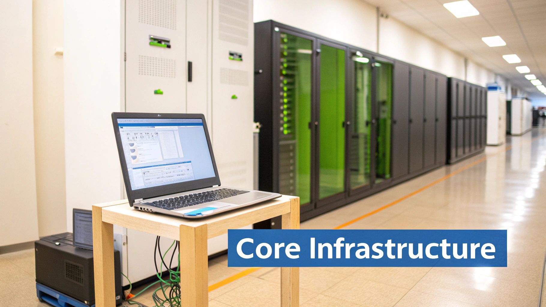 A laptop on a table in a data center with rows of server racks, illustrating core IT infrastructure.