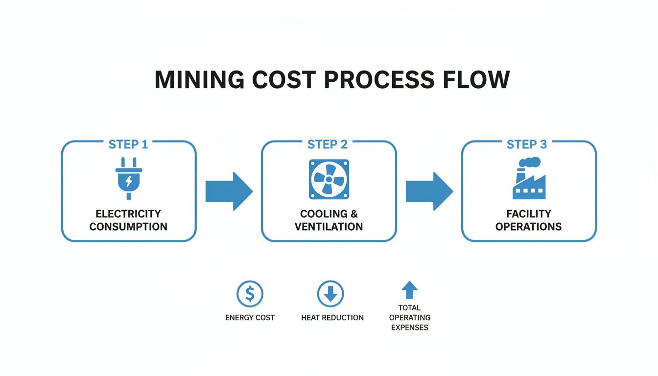Diagram illustrating the bitcoin mining cost process flow, including electricity, cooling, and facility operations.