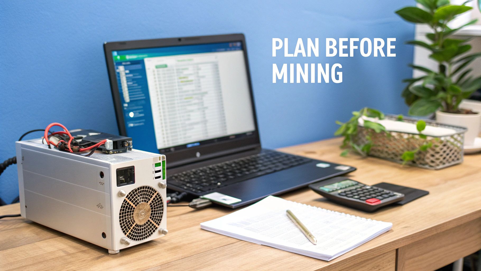 A desk setup with a crypto miner, laptop, calculator, and notebook for mining planning.