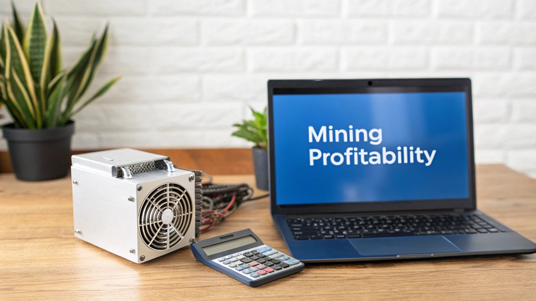 A cryptocurrency mining setup with a rig, laptop showing 'Mining Profitability', and calculator on a wooden desk.