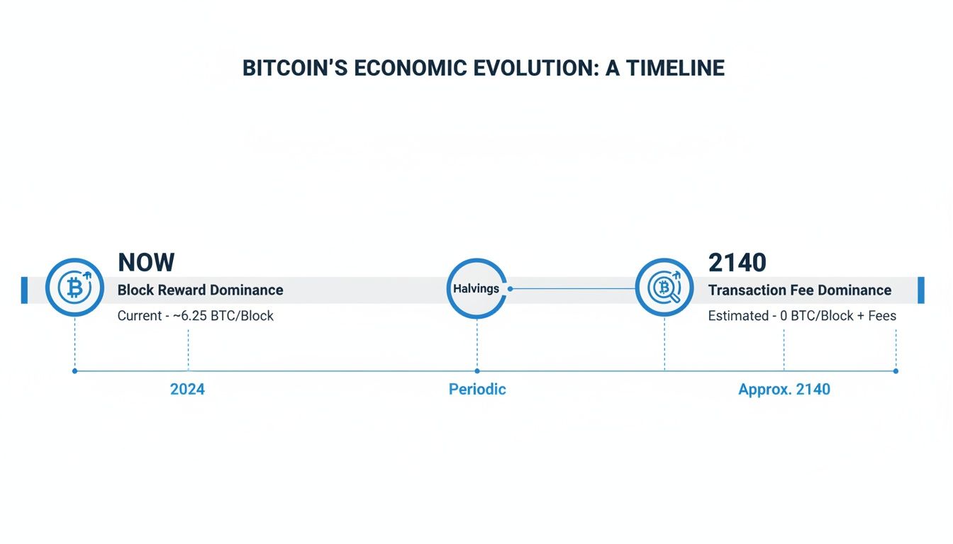 A timeline illustrating Bitcoin's economic evolution, detailing the shift from block reward to transaction fee dominance by 2140.