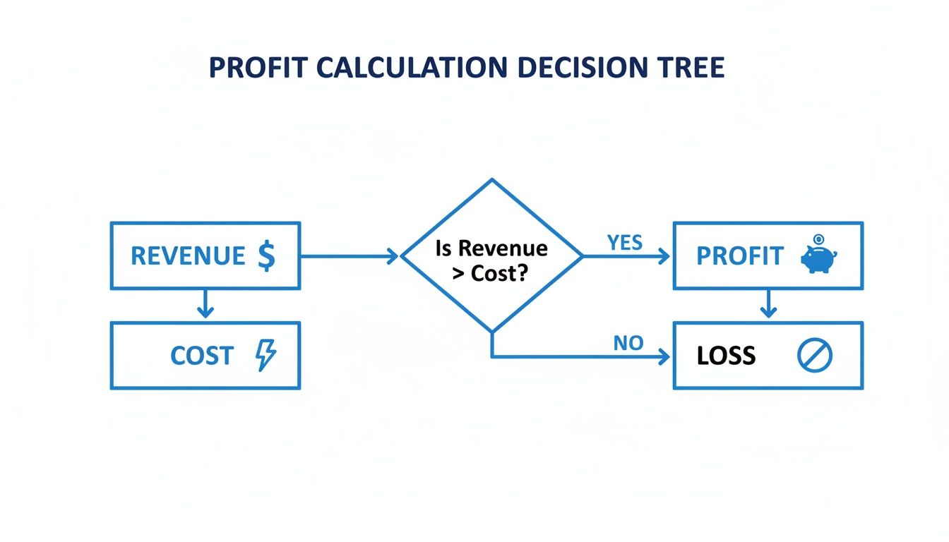 A profit calculation decision tree flowchart showing revenue, cost, and the resulting profit or loss.