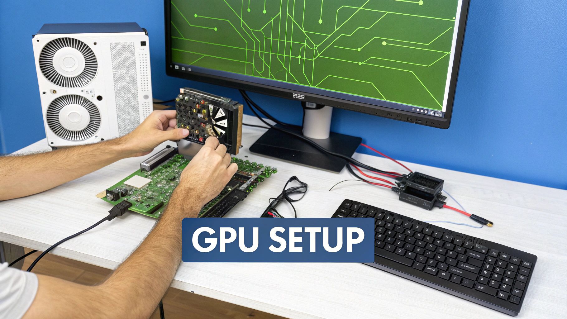A person's hands are busy setting up a GPU on a circuit board, with a monitor displaying a circuit diagram.