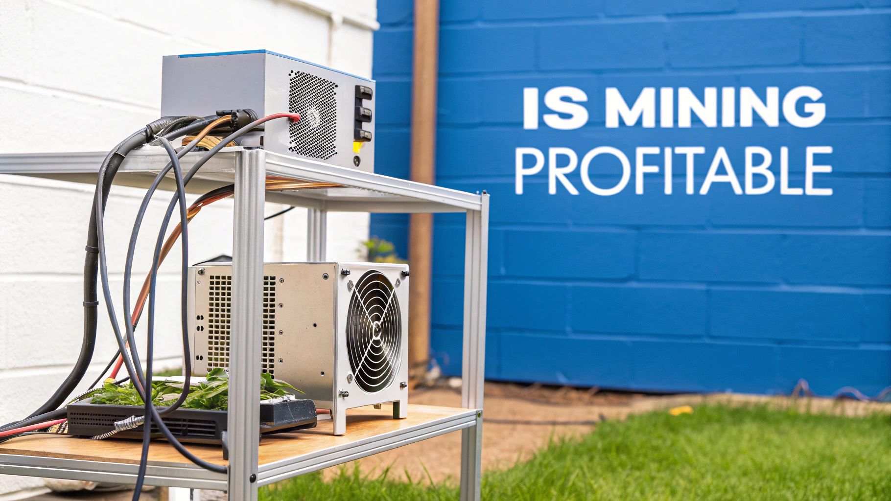 A cryptocurrency mining setup with hardware and cables on a shelf, against a blue wall asking 'IS MINING PROF-ITABLE'.