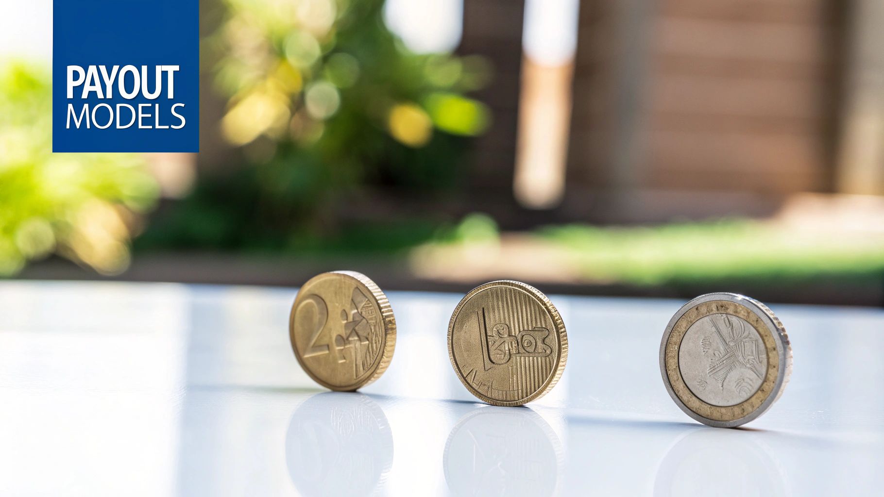 Three Euro coins stand upright on a reflective surface, next to a 'PAYOUT MODELS' graphic.