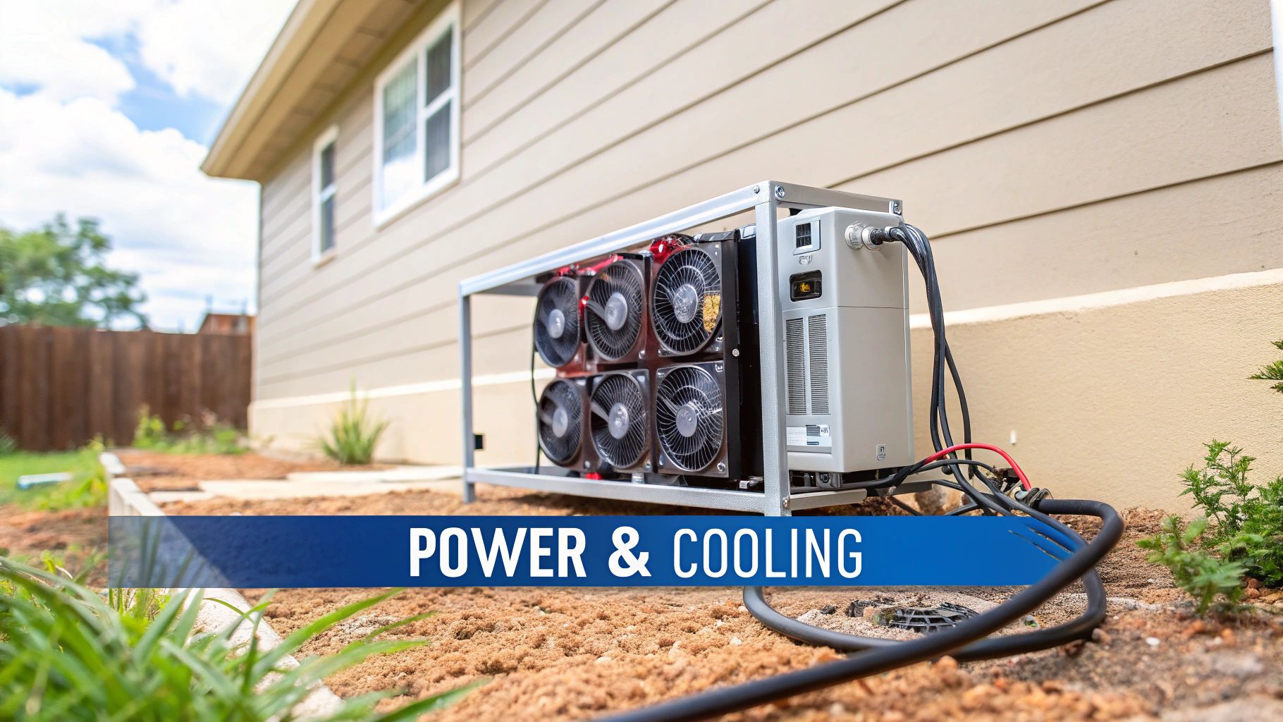 An outdoor cryptocurrency mining rig with six visible fans and cables next to a house.