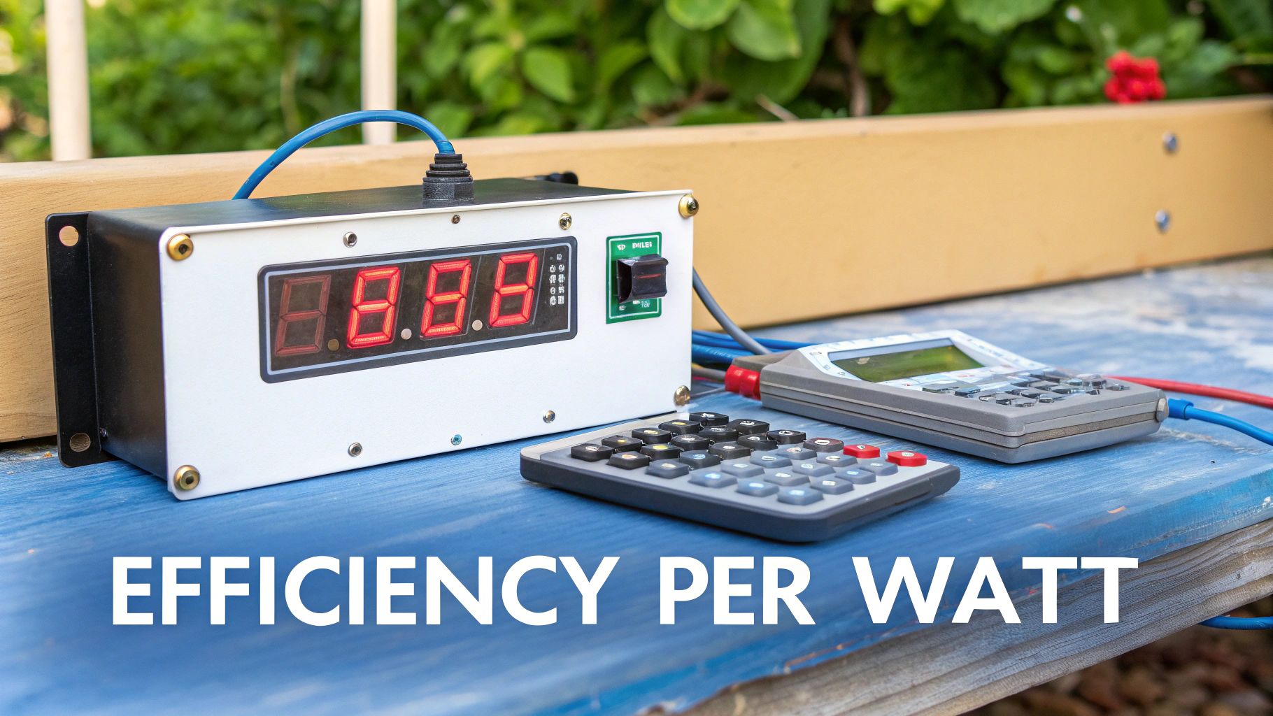 Electronic devices with a digital display and calculators on a blue surface, testing efficiency.