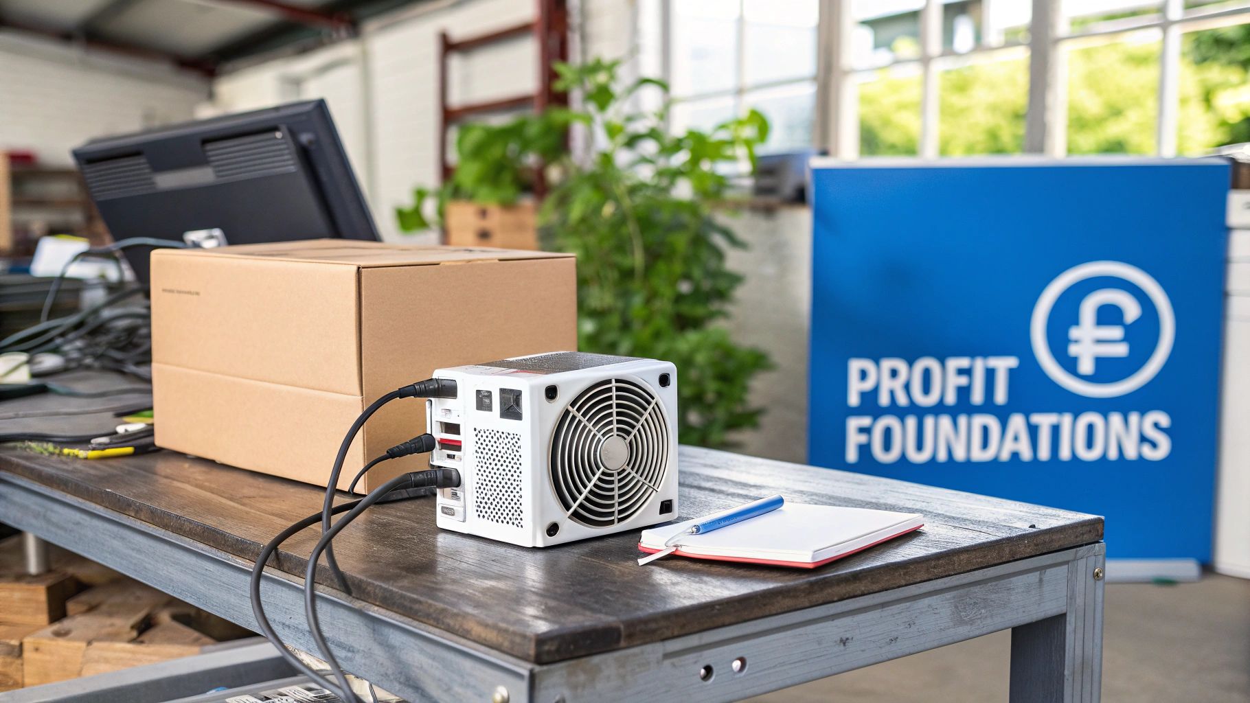 A white, compact bitcoin miner with cables, a cardboard box, and a notebook on a wooden desk.