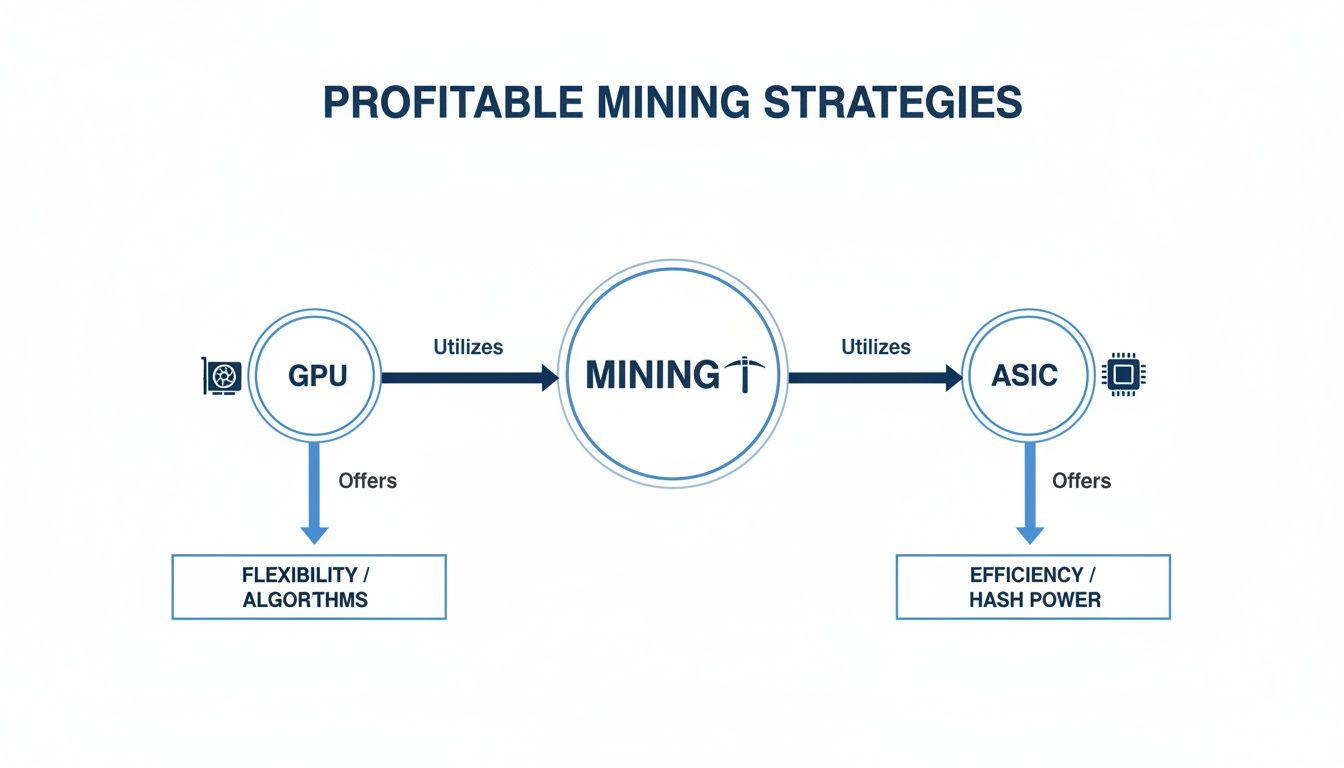 A diagram outlining profitable cryptocurrency mining strategies using GPU for flexibility and ASIC for efficiency.
