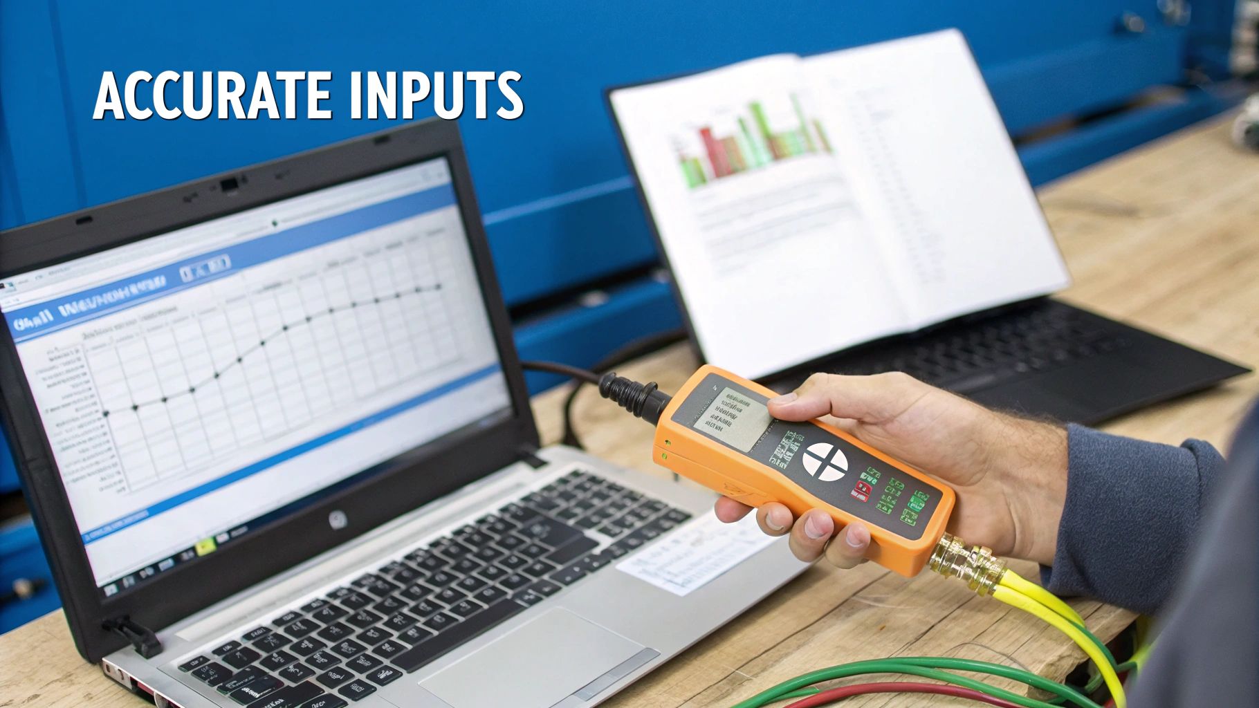 A person connects an orange measurement device with cables to a laptop displaying a data graph.