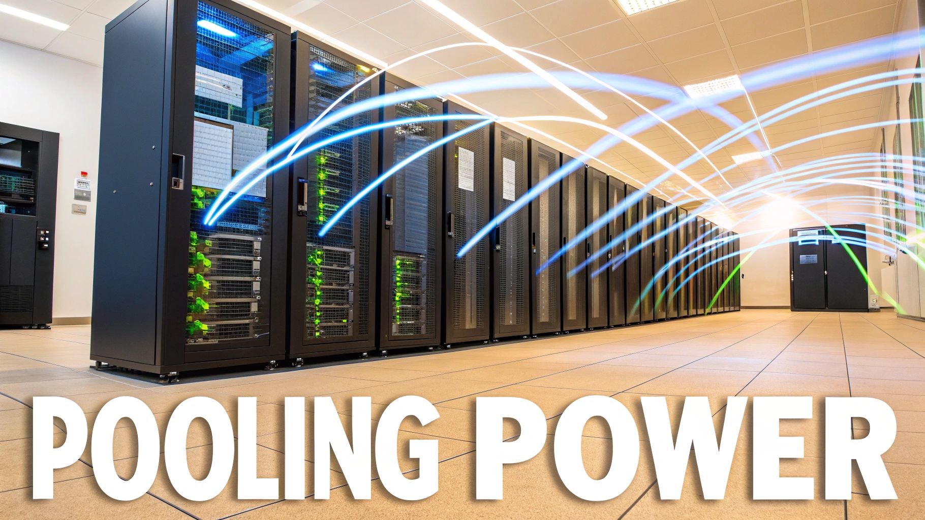 A long row of server racks in a modern data center with glowing light trails, featuring the text 'POOLING POWER'.
