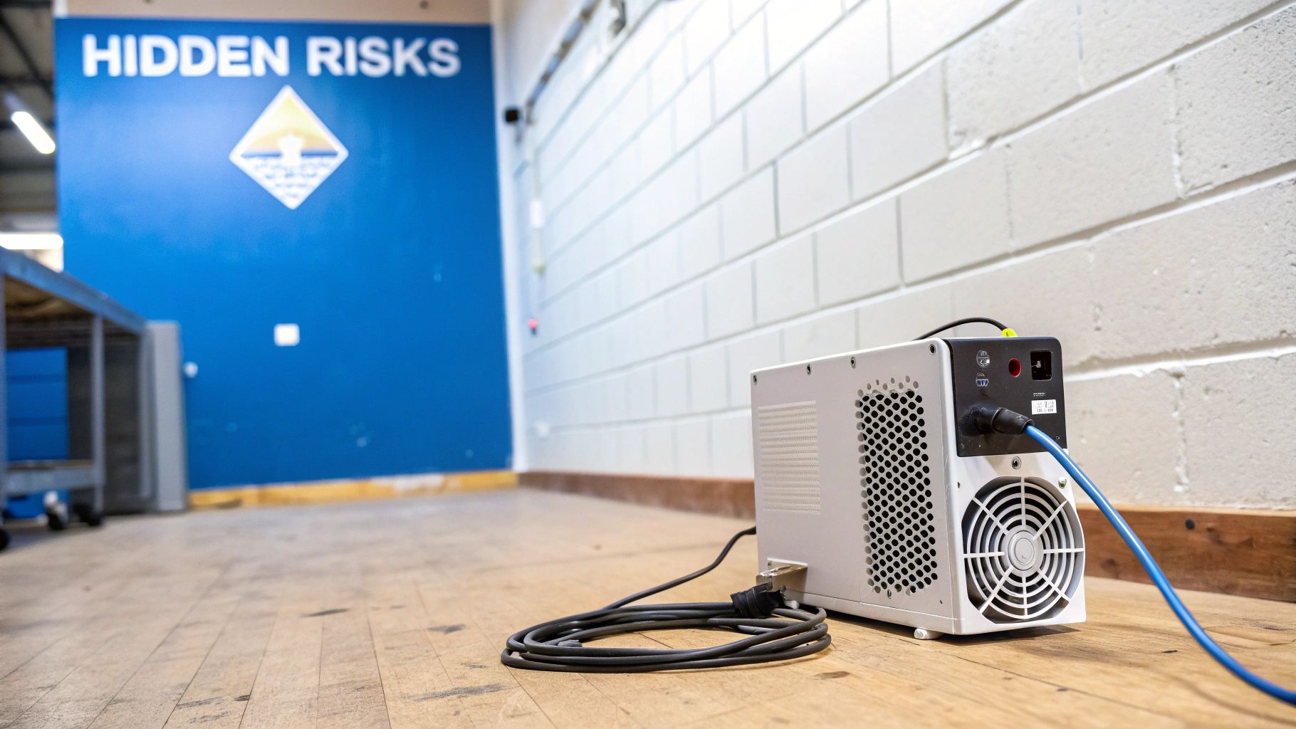 A white electronic device with cables sits on a wooden floor in an industrial setting, next to a blue wall with a 'HIDDEN RISKS' sign.