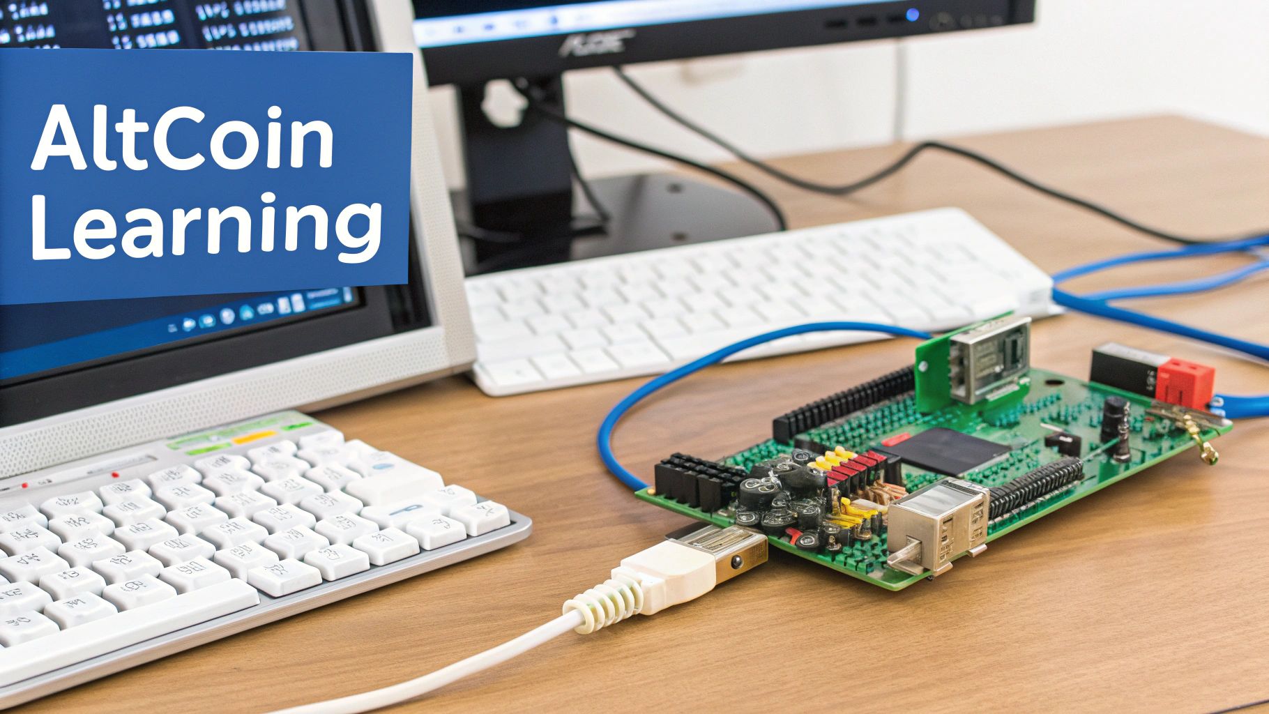 A desktop setup with computers, keyboards, and a circuit board, displaying 'AltCoin Learning' on a screen.