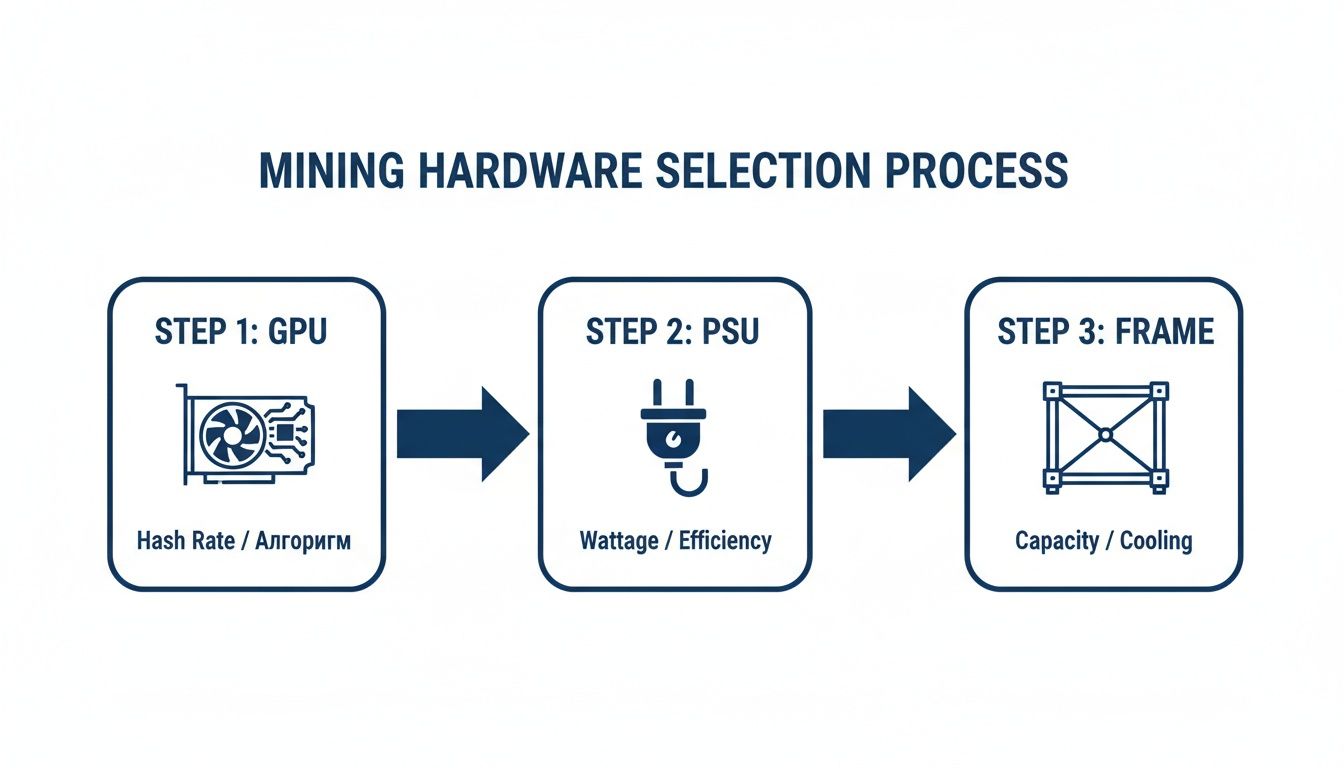 A flowchart outlining the mining hardware selection process, covering GPU, PSU, and frame.