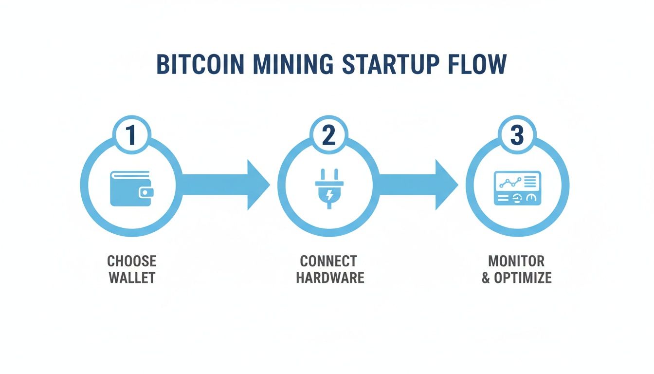 A flowchart outlining the three steps for Bitcoin mining startup: choose wallet, connect hardware, and monitor & optimize.