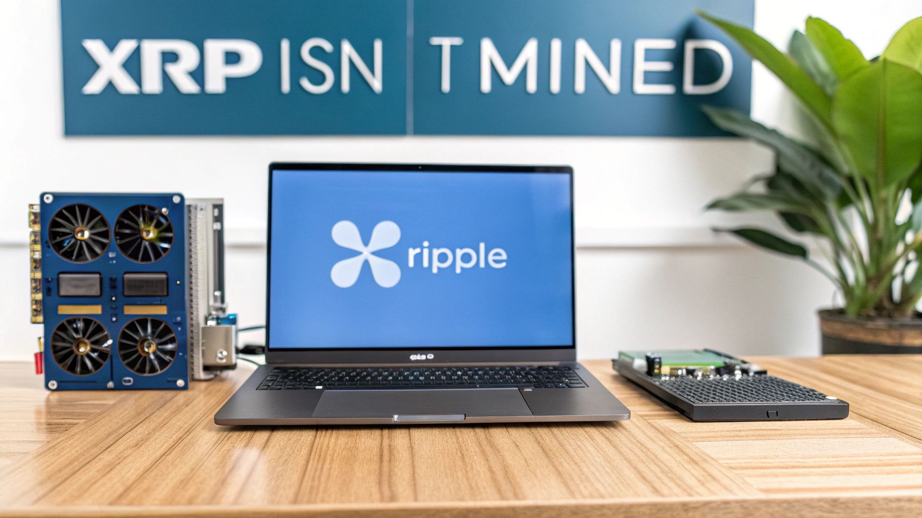 A laptop displaying the Ripple logo, surrounded by electronic hardware and an 'XRP ISN'T MINED' sign.