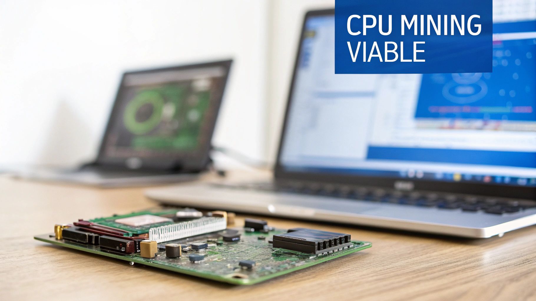 A circuit board rests on a wooden desk, with two laptops in the background, one displaying 'CPU MINING VIABLE'.
