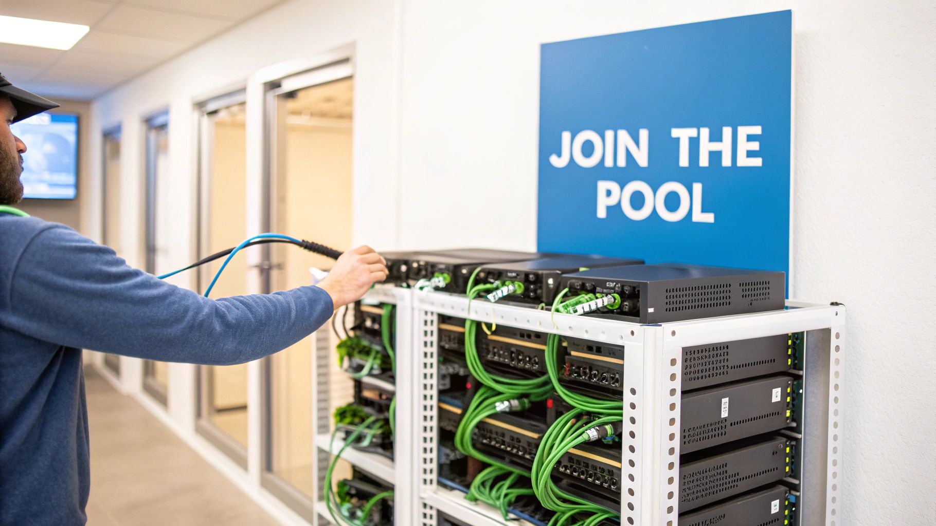 A technician connects blue and black cables to a server rack, with a "JOIN THE POOL" sign visible.