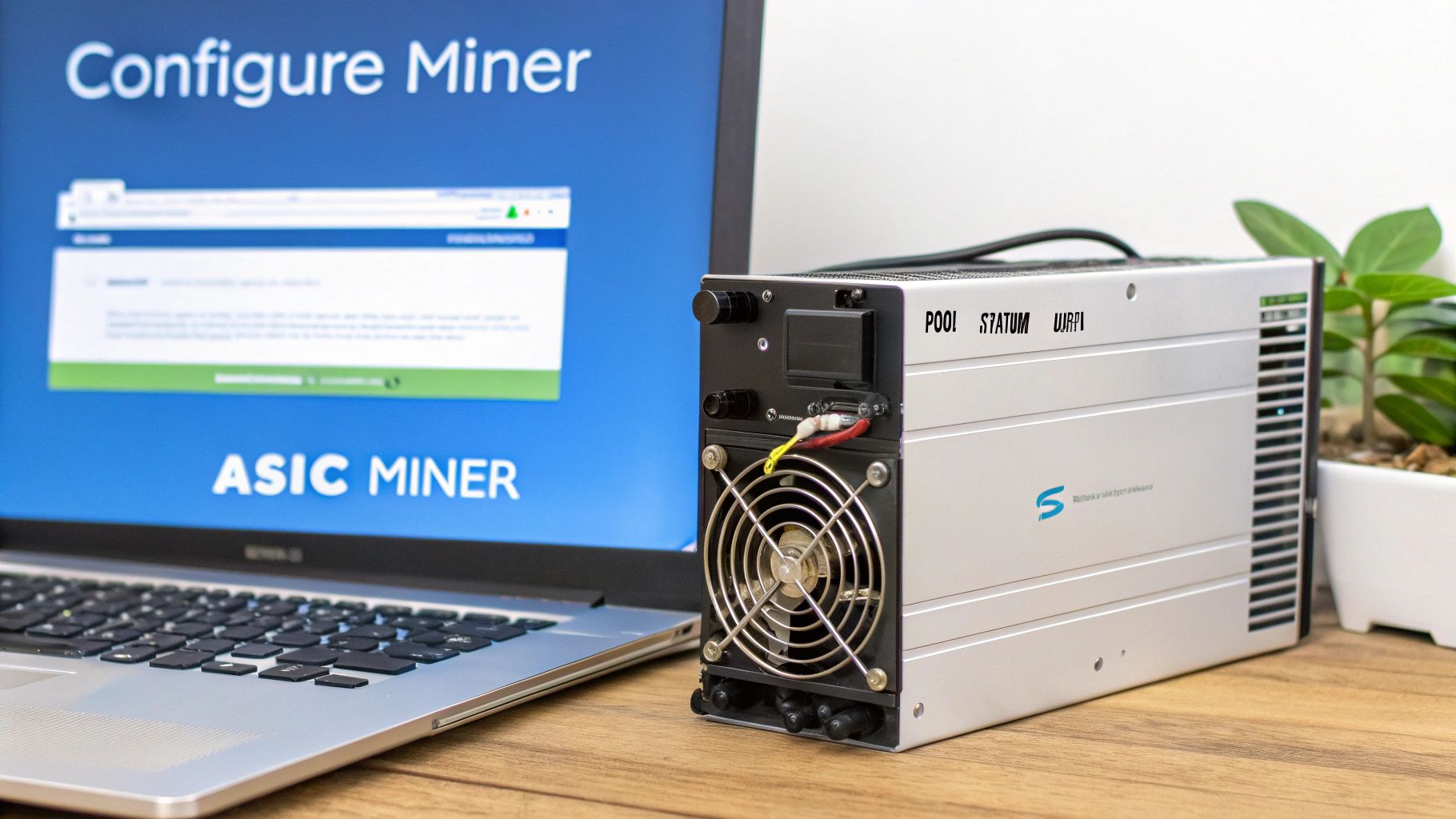 A cryptocurrency ASIC miner connected to a laptop, configuring its settings for its mining pool.