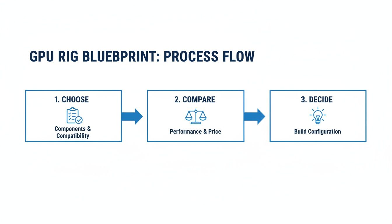 A diagram illustrating the GPU rig blueprint process flow with steps: Choose, Compare, and Decide.