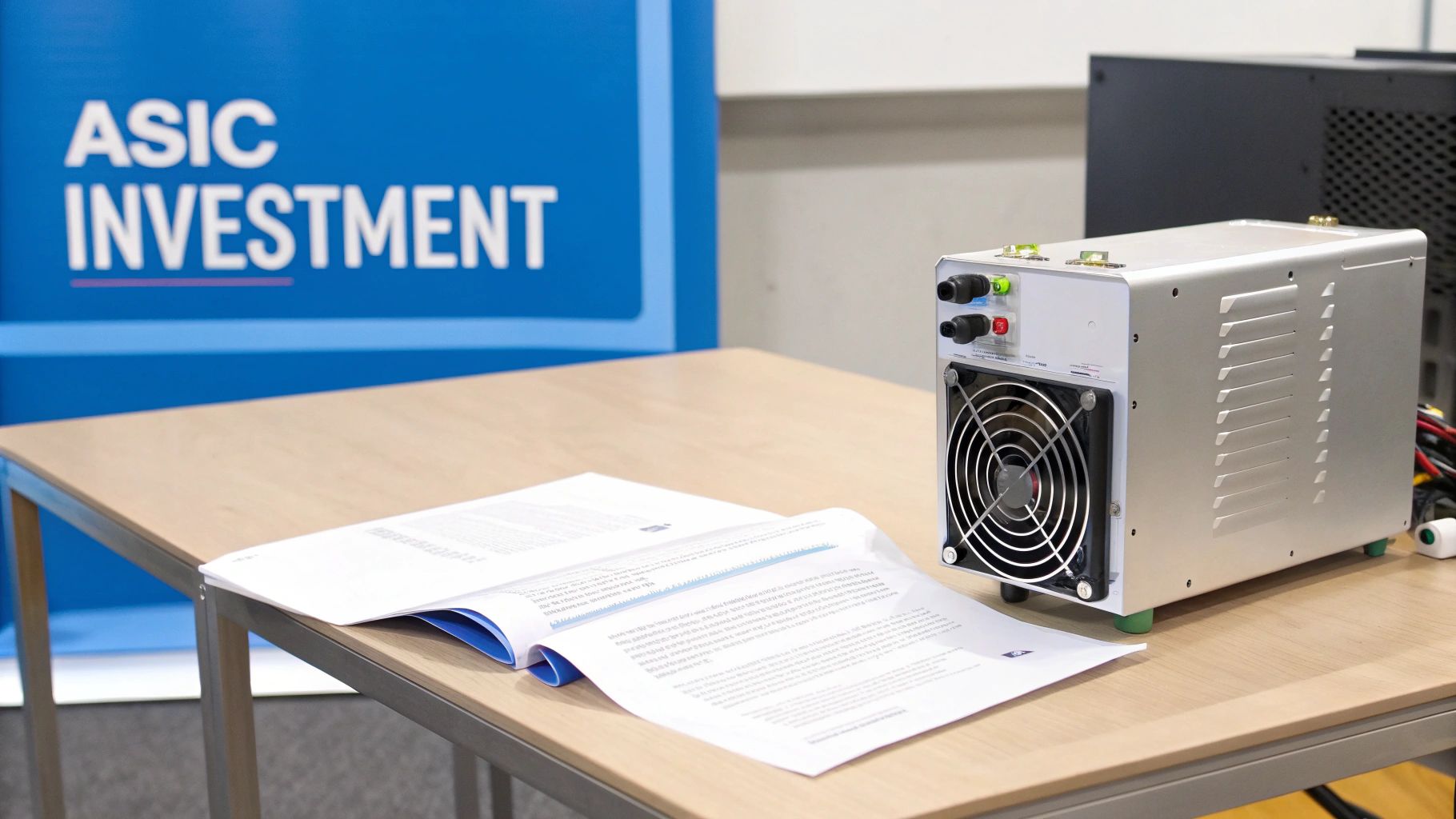 A table displays an open document and a silver ASIC miner, with an 'ASIC INVESTMENT' banner.