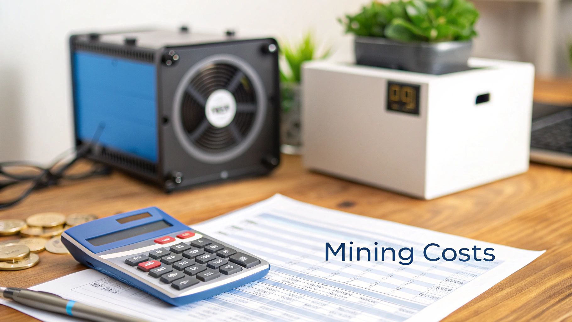 A desk with cryptocurrency mining equipment, a calculator, coins, and a document titled 'Mining Costs'.