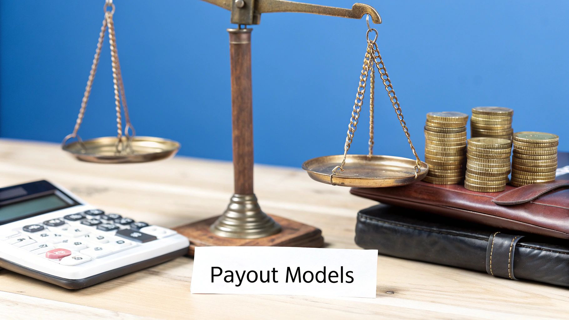 A balance scale with stacked coins, a calculator, and 'Payout Models' text on a wooden table.