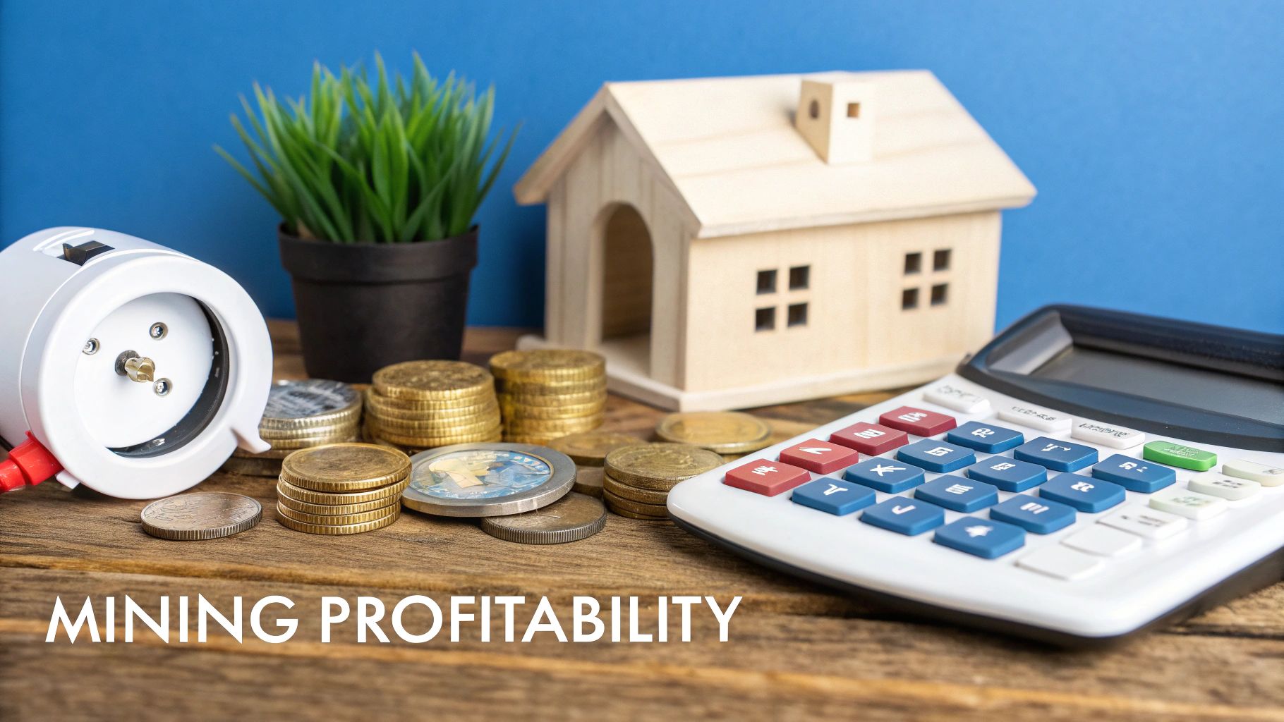 A power meter, stacks of coins, a wooden house model, and a calculator on a table, illustrating mining profitability.