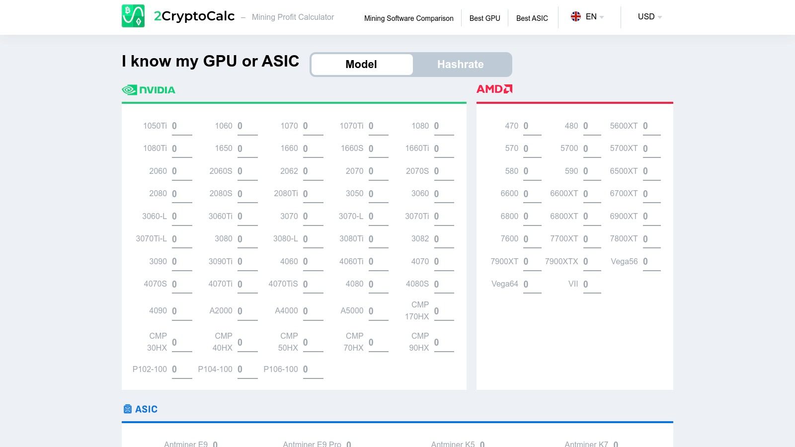2CryptoCalc interface showing profitability for various coins with a specific GPU