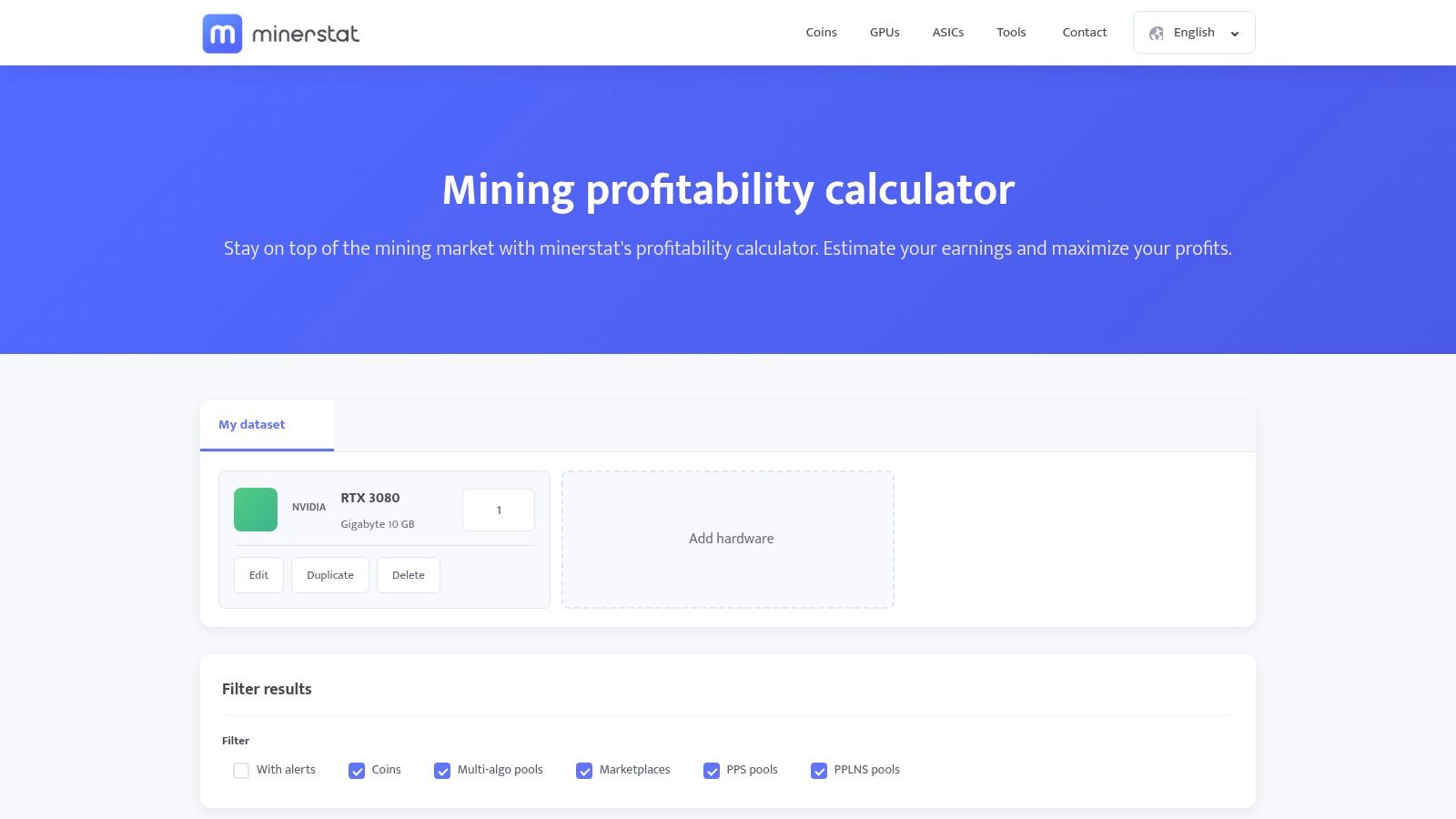Minerstat profitability calculator showing detailed coin and hardware options
