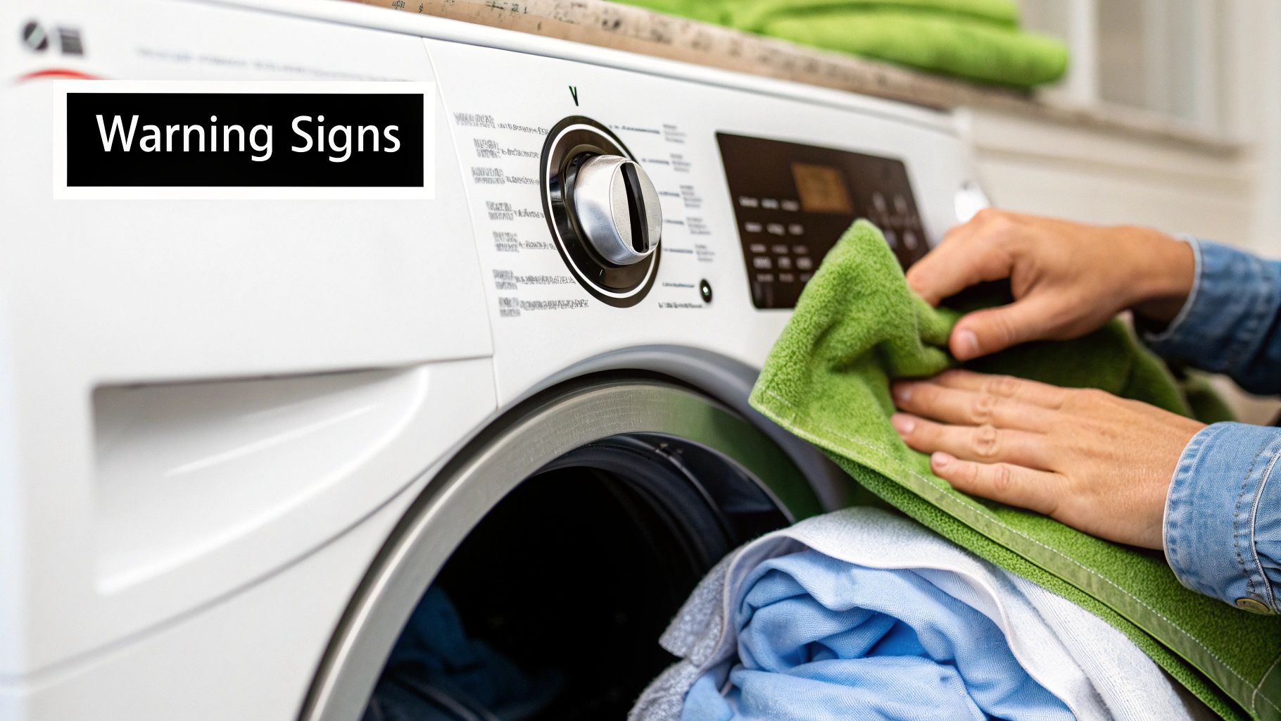 A person's hands place a green towel and blue clothes into a white front-loading washing machine.