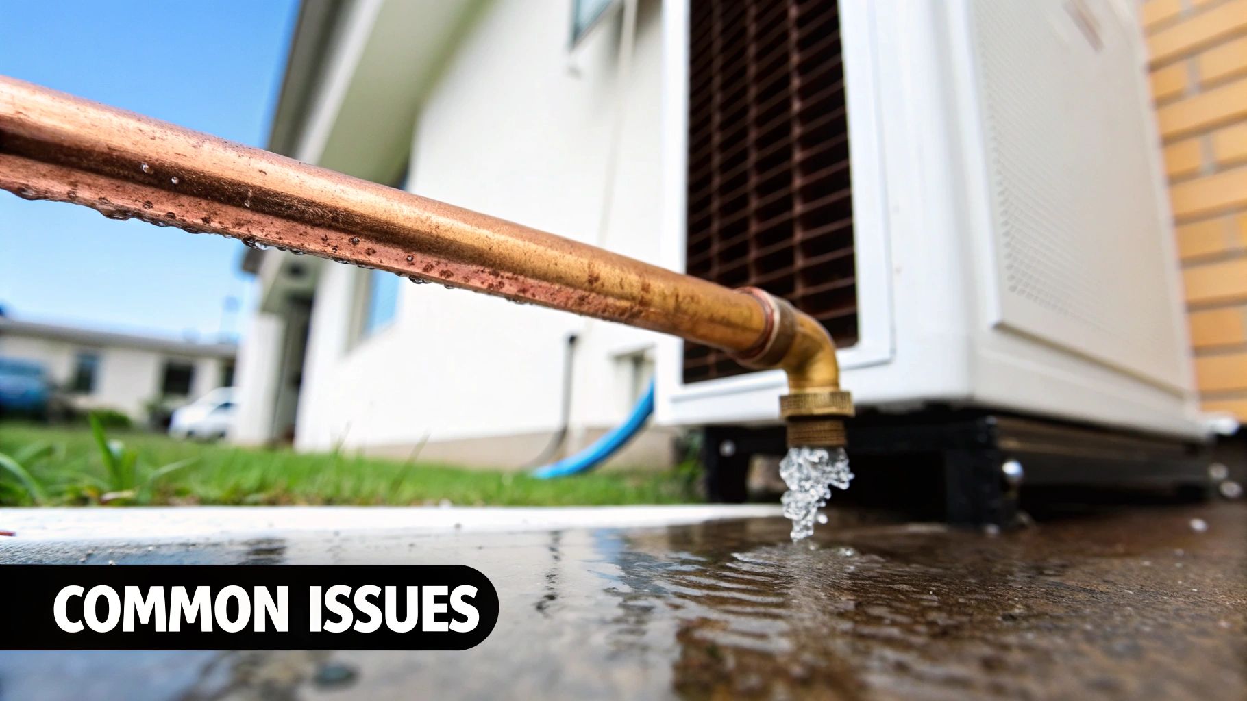 Water drips from a copper pipe connected to an outdoor air conditioning unit, pooling on the ground.