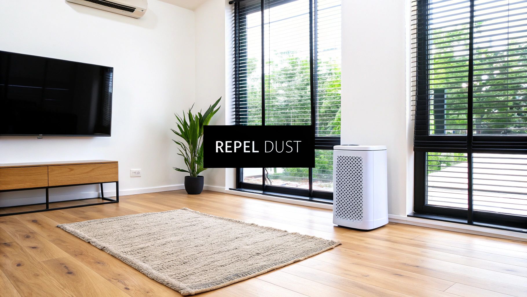 Modern white air purifier in bright living room with wooden floor and large windows to reduce dust