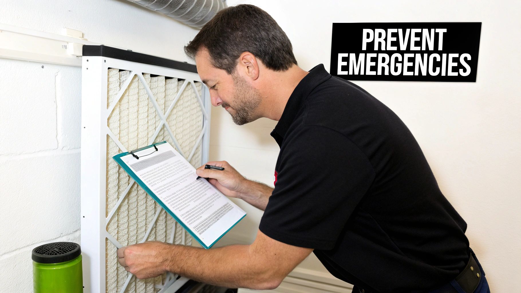 A technician inspects an HVAC air filter and records data on a clipboard to prevent emergencies.