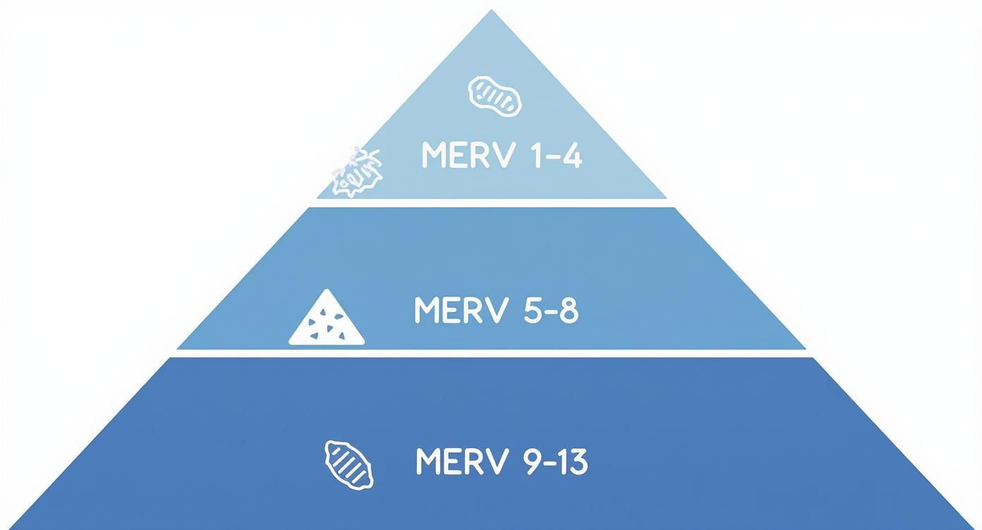 Pyramid diagram illustrating MERV air filter ratings 1-13 and the corresponding particles they capture.