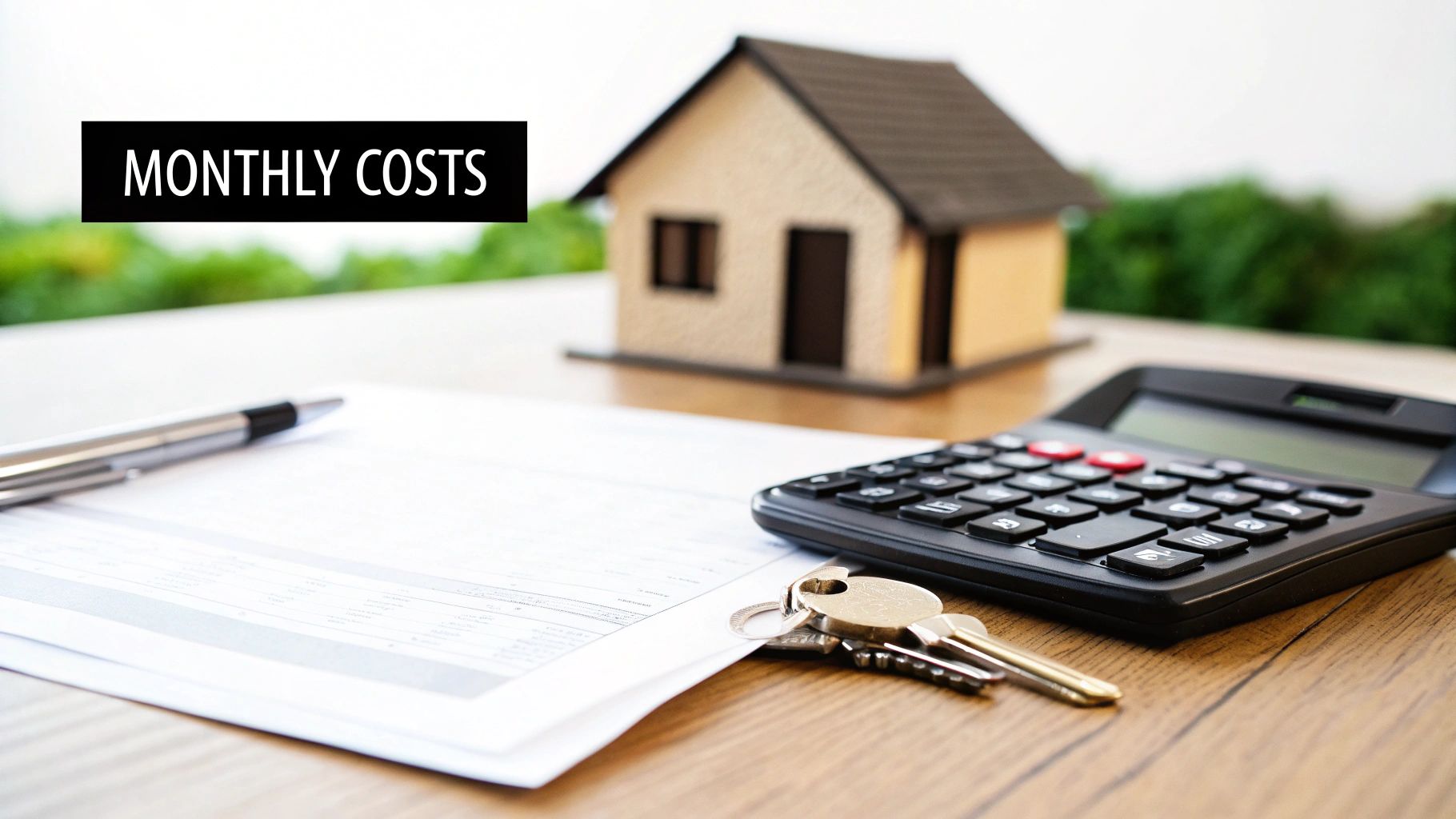Table with a miniature house, calculator, pen, keys, and paper, with 'MONTHLY COSTS' text overlay.
