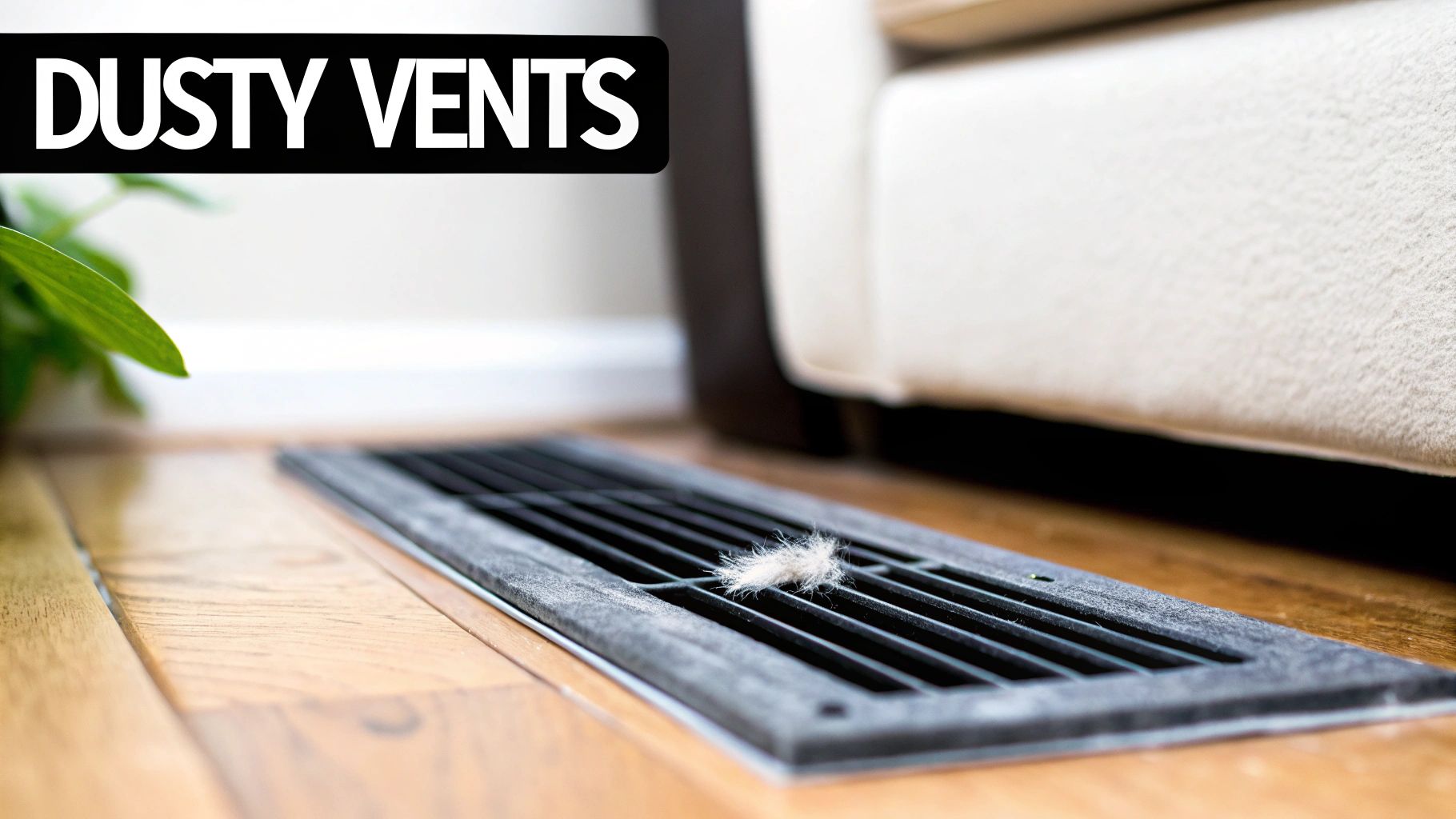A close-up of a dusty floor vent with a large piece of lint, highlighting poor air quality.