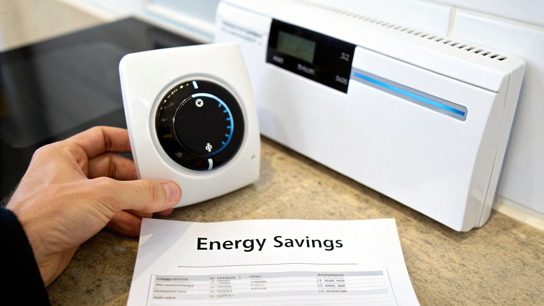 A hand holds a smart home thermostat next to an 'Energy Savings' document and another smart device.