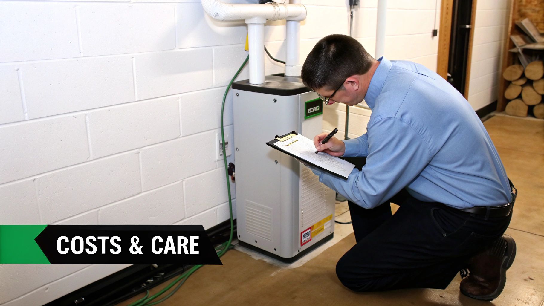 A technician kneels to inspect a white ERV/HRV ventilation unit, writing on a clipboard.